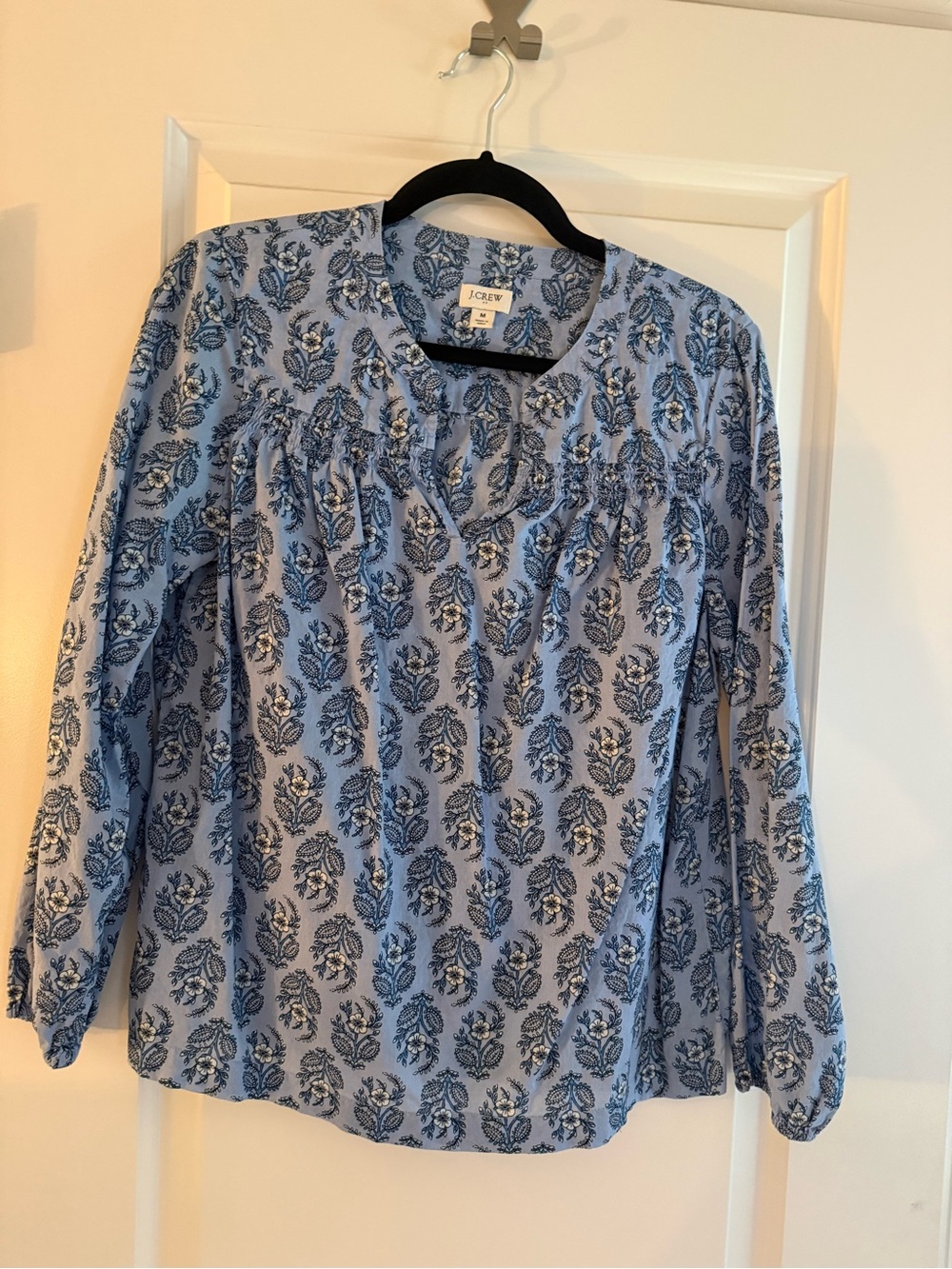 J. Crew Light Blue Floral-Print Peasant Blouse